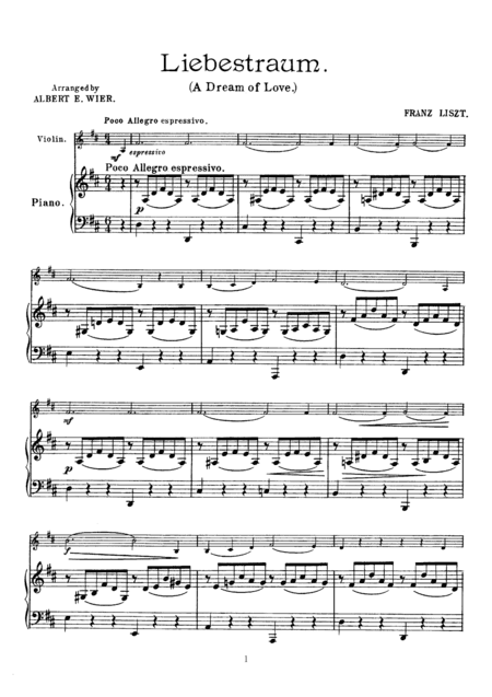 Liszt Liebestraum (A Dream of Love), for Violin & Piano, VN003 (arr. A. E. Wier)
