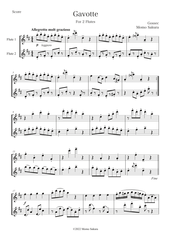 Gavotte by Gossec for 2 Flutes (arr. Momo Sakura)