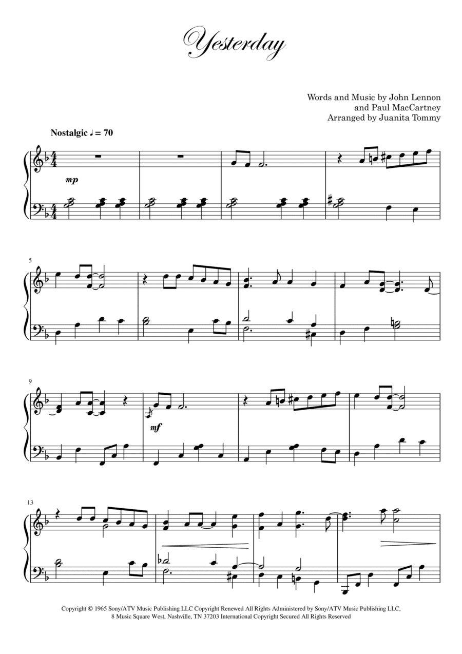 Yesterday (arr. Juanita Tommy)