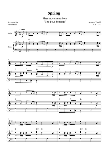 Spring - The Four Seasons for Violin and Piano (G Major with chords) (arr. Valdir Maia)