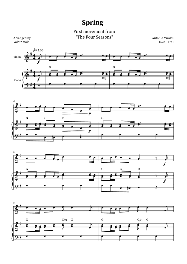 Spring - The Four Seasons for Violin and Piano (G Major with chords) (arr. Valdir Maia)