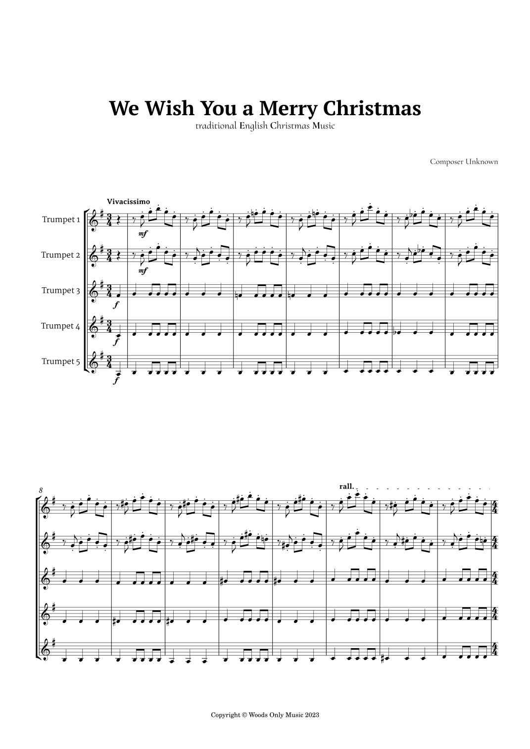 We Wish You a Merry Christmas for Trumpet Quintet (arr. Ander)