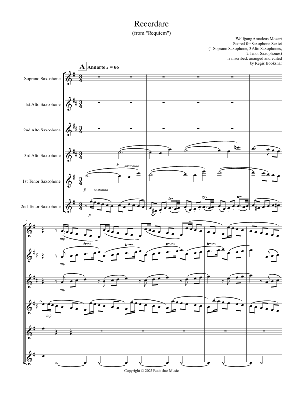 Recordare (from "Requiem") (F) (Saxophone Sextet - 1 Sop, 3 Alto, 2 Ten) (arr. Regis Bookshar)