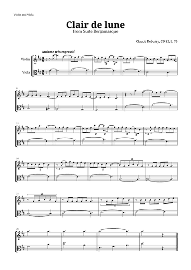 Clair de Lune by Debussy for Violin and Viola (arr. Langanho)