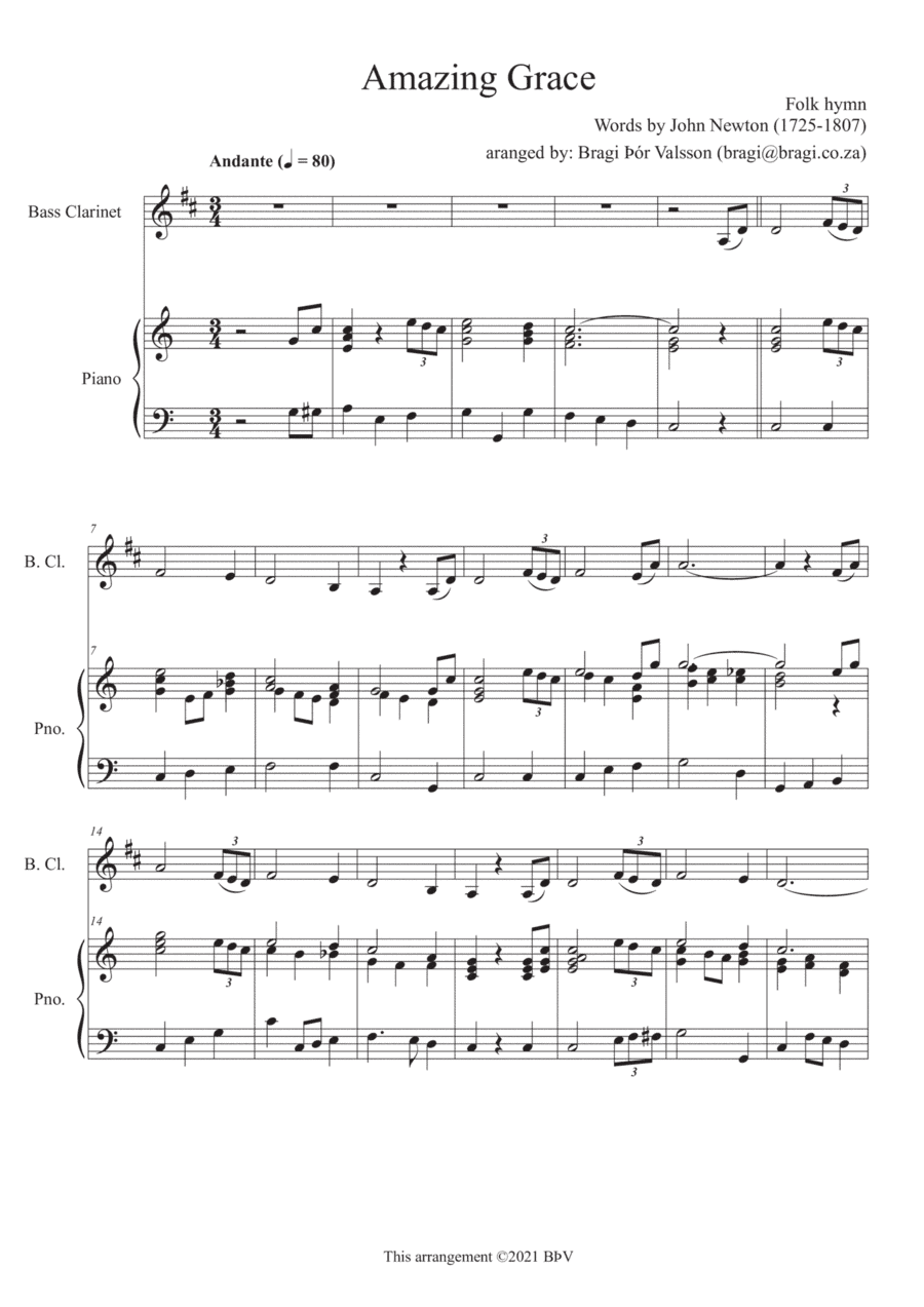 Amazing Grace - Bass clarinet with piano accompaniment (arr. Bragi Thor Valsson)