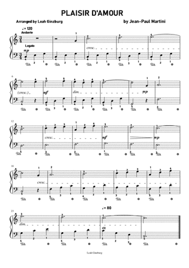 PLAISIR D'AMOUR  by Jean-Paul-Égide Martini (1741–1816), Easy Piano version by Leah Ginzburg (arr. Leah Ginzburg)