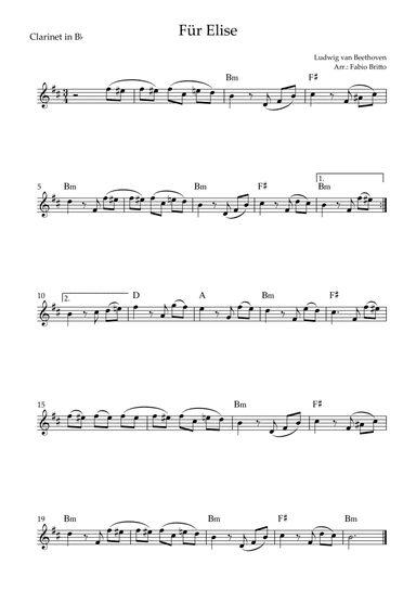Für Elise (Beethoven) for Clarinet in Bb Solo with Chords (Simplified) (arr. Fabio Britto)