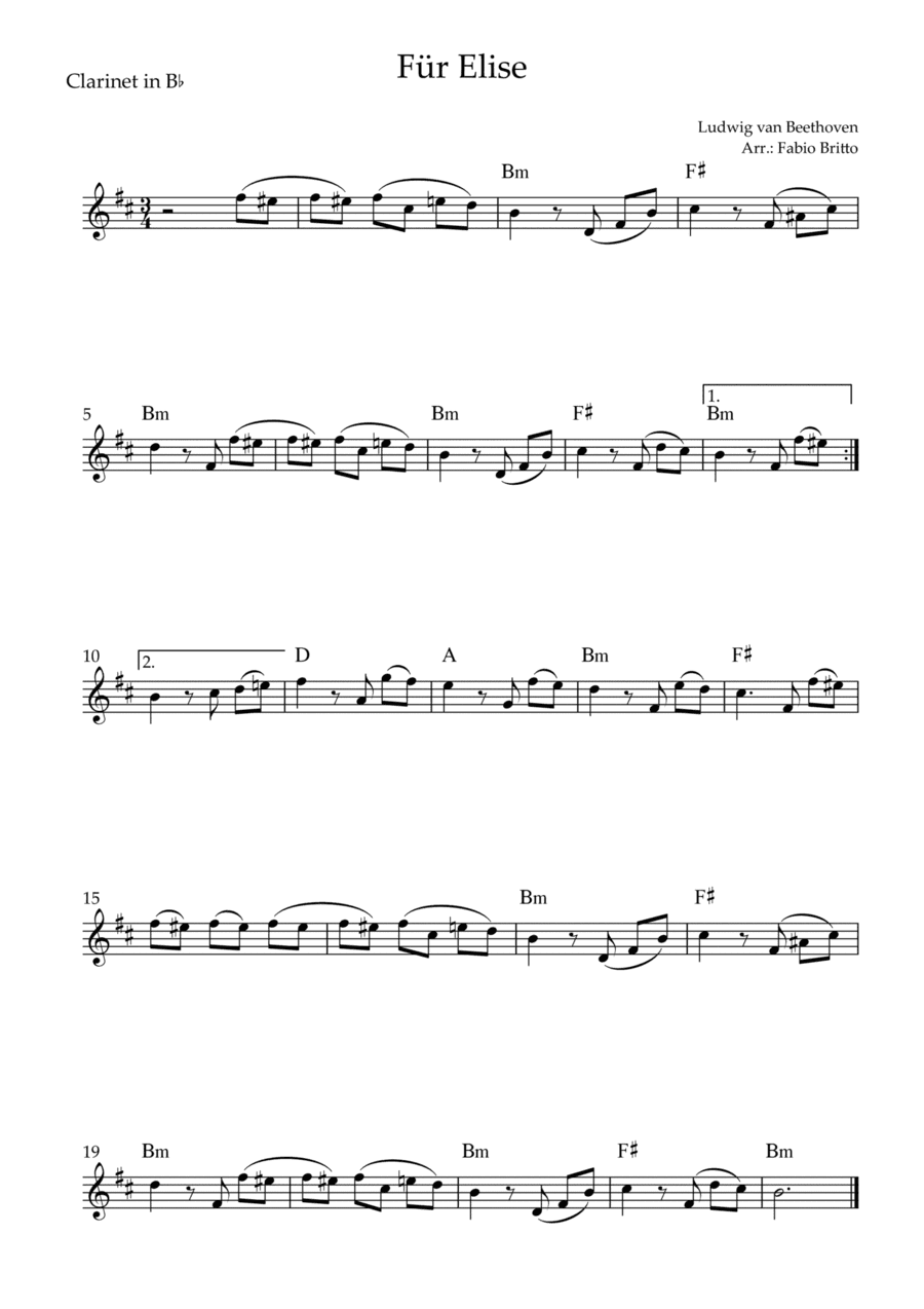Für Elise (Beethoven) for Clarinet in Bb Solo with Chords (Simplified) (arr. Fabio Britto)