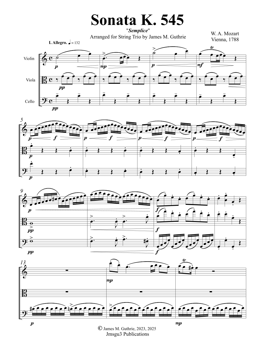Mozart: Sonata K. 545 "Semplice" for String Trio (arr. James M. Guthrie)