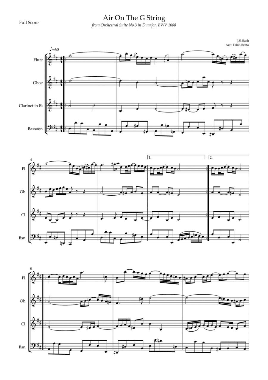 Air On The G String (J.S. Bach) for Woodwind Quartet (arr. Fabio Britto)