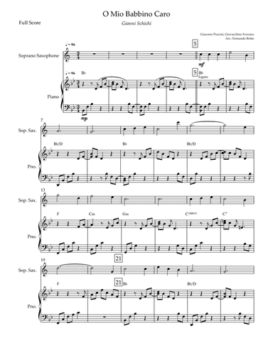 O Mio Babbino Caro (Puccini) for Soprano Saxophone Solo & Piano Accompaniment with Chords (arr. Fernando Britto)