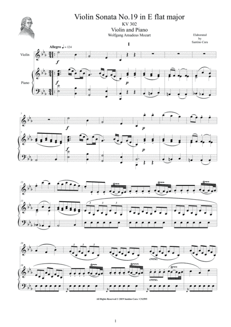 Mozart - Violin Sonata No.19 in E flat major KV 302 for Violin and Piano - Score and Part (arr. Santino Cara)