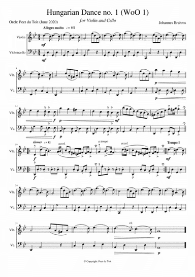 Hungarian Dance no. 1 (WoO 1) in g - Johannes Brahms (Violin & Cello) Excerpt (arr. Peet du Toit)