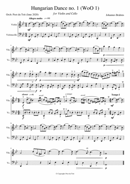Hungarian Dance no. 1 (WoO 1) in g - Johannes Brahms (Violin & Cello) Excerpt (arr. Peet du Toit)