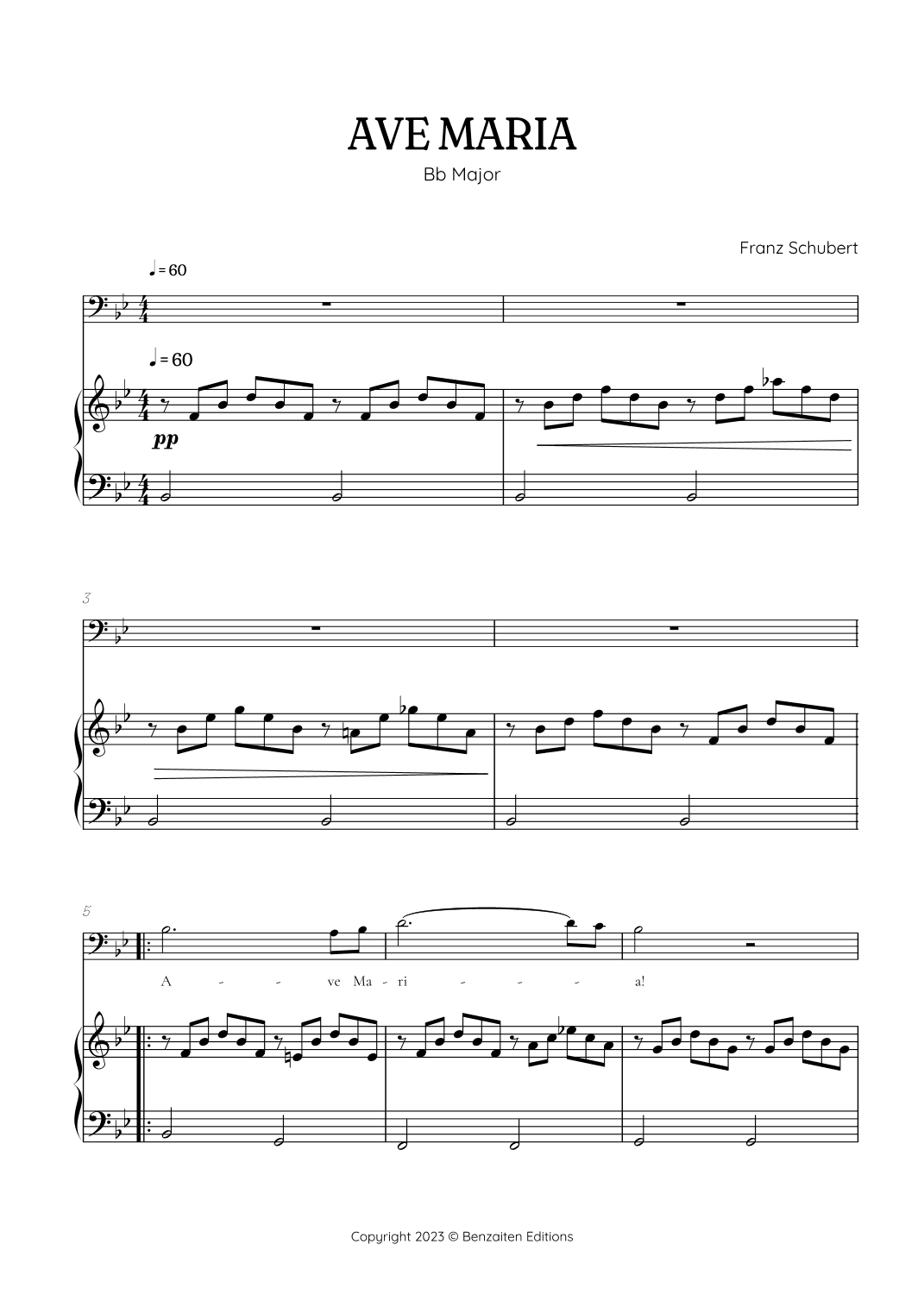 Schubert Ave Maria in B flat major [Bb] • baritone voice sheet music with easy piano accompaniment (arr. Benzaiten Editions)