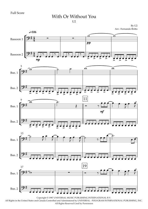 With Or Without You (arr. Fabio Britto)