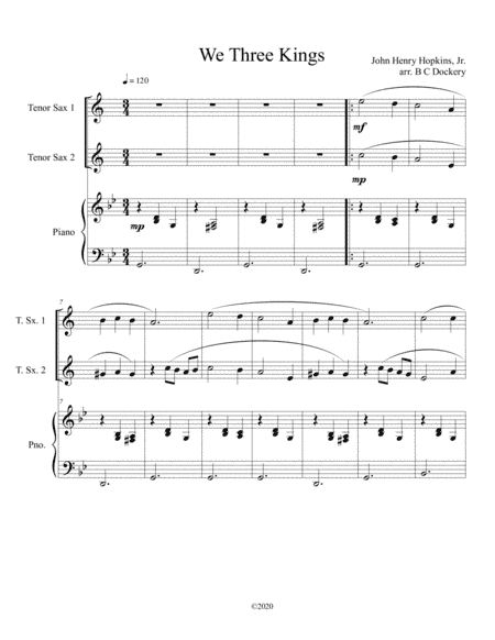 We Three Kings (tenor sax duet) with optional piano accompaniment (arr. B C Dockery)