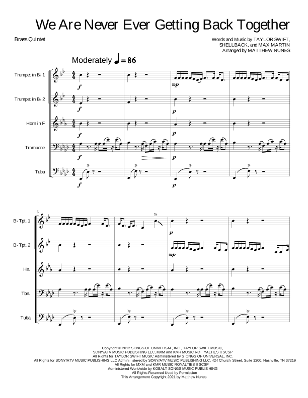 We Are Never Ever Getting Back Together (arr. Matthew Nunes)