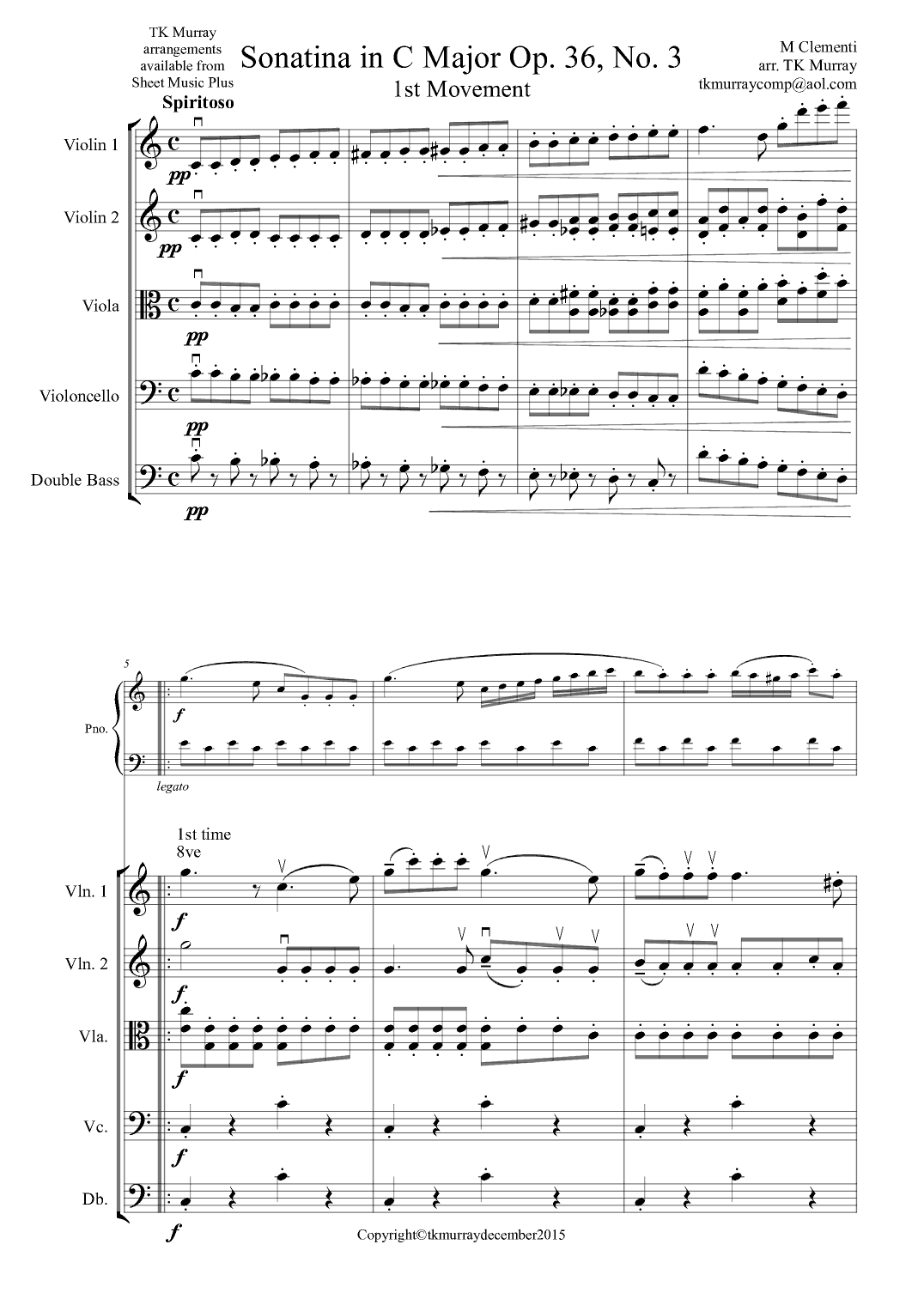 Clementi - Sonatina in C Op.36 No.3 1st Mvt - Piano & String Quartet/Orch (arr. TK Murray)