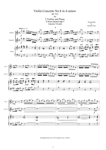 Vivaldi - Violin Concerto No.8 in A minor RV 522 Op.3 for Two Violins and Piano (arr. Santino Cara)