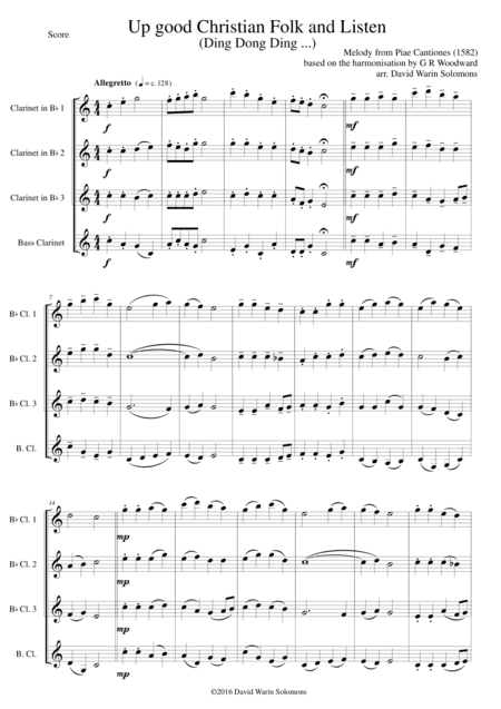 Up good Christian Folk and Listen (Ding dong ding) for clarinet quartet (3 B flats and 1 bass) (arr. G R Woodward, David Warin Solomons)