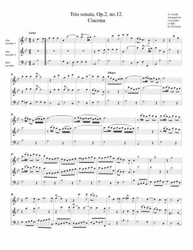 Trio sonata, Op.2, no.12 (Ciacona) (arrangement for 3 recorders) (arr. Gil Garty)