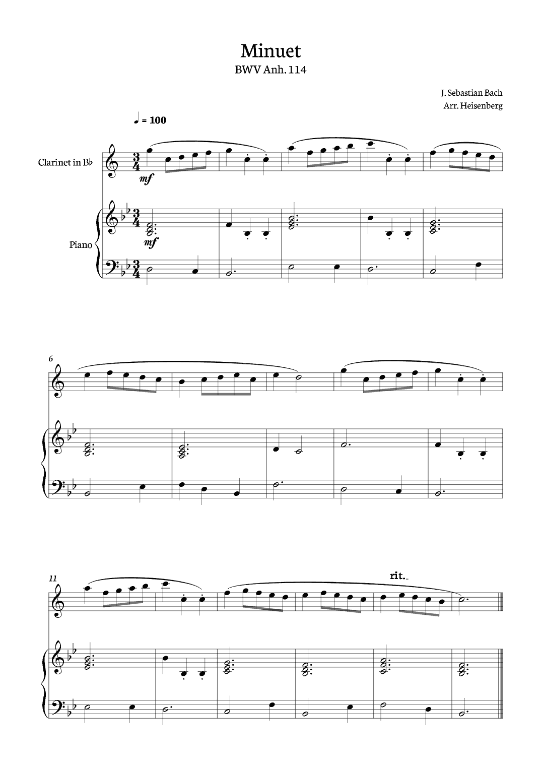 Minuet - Bach for Clarinete solo with Piano. (arr. Heisenberg)