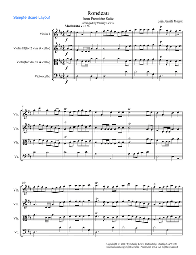 RONDEAU by Mouret, String Trio, Intermediate Level for 2 violins and cello or violin, viola and cell (arr. Sherry Lewis Publishing)