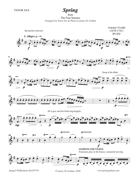 Vivaldi: The Four Seasons Complete for Tenor Sax & Piano (arr. James M. Guthrie, ASCAP)