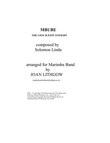 Mbube (wimoweh) - Score Only (arr. Joan Lithgow)