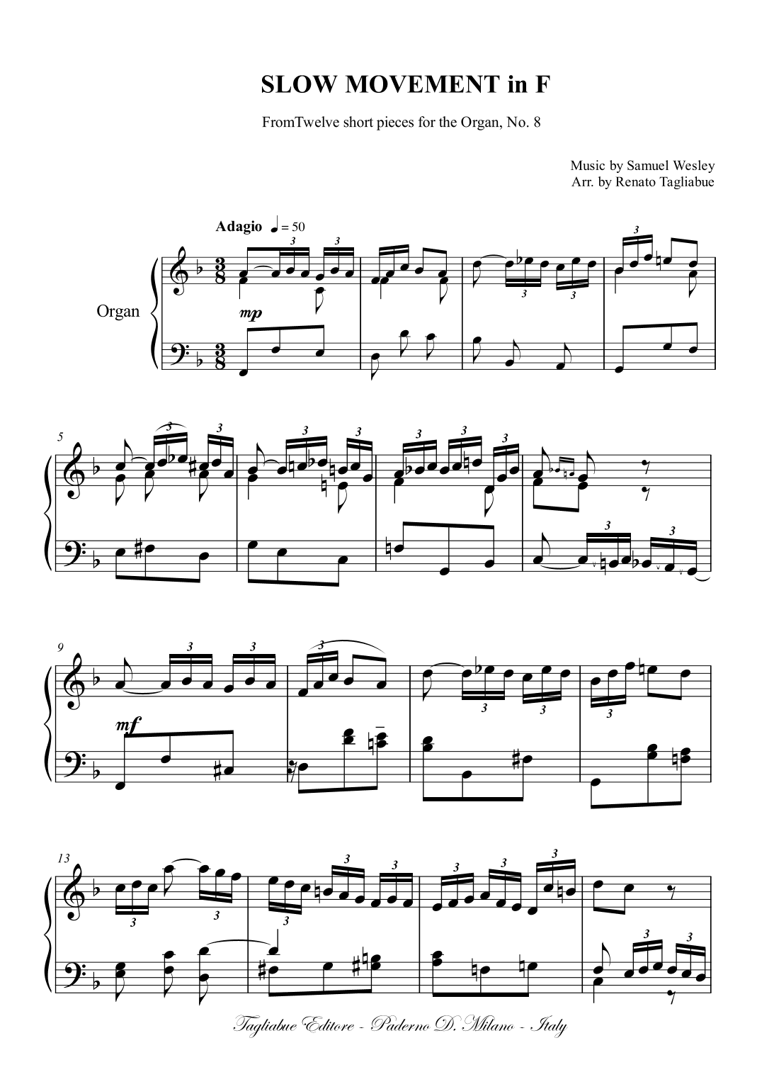 Samuel Wesley, SLOW MOVEMENT in F, for Organ (arr. Renato Tagliabue)