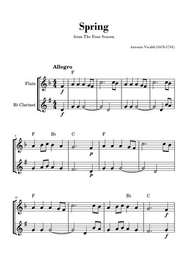 Spring from 'The Four Seasons' by Vivaldi - Easy Flute and Clarinet Duet (with Chords) (arr. Gisele Sant'Ana)