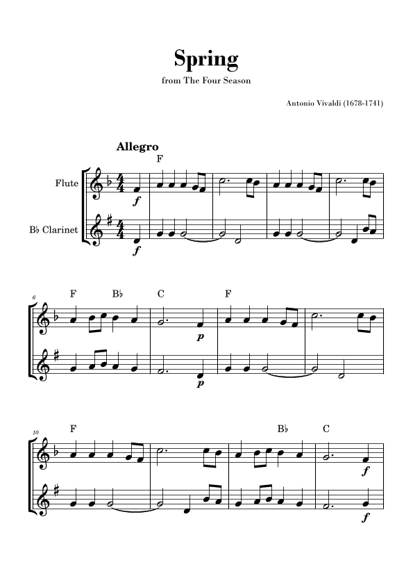 Spring from 'The Four Seasons' by Vivaldi - Easy Flute and Clarinet Duet (with Chords) (arr. Gisele Sant'Ana)