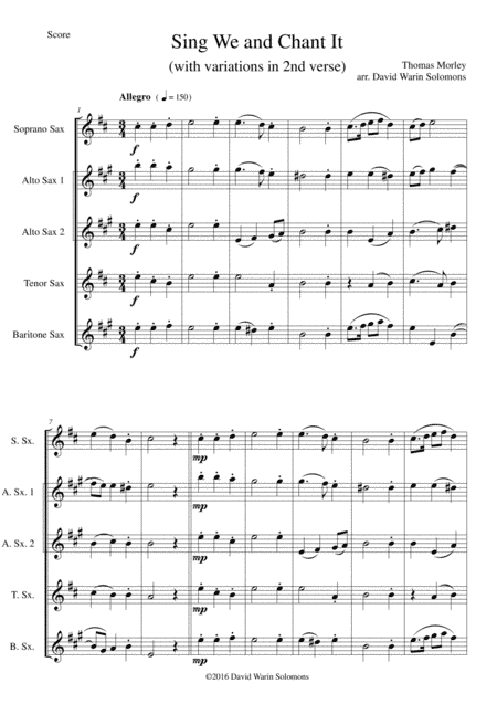 Sing we and chant it (with variations) for saxophone quintet (arr. David Warin Solomons)