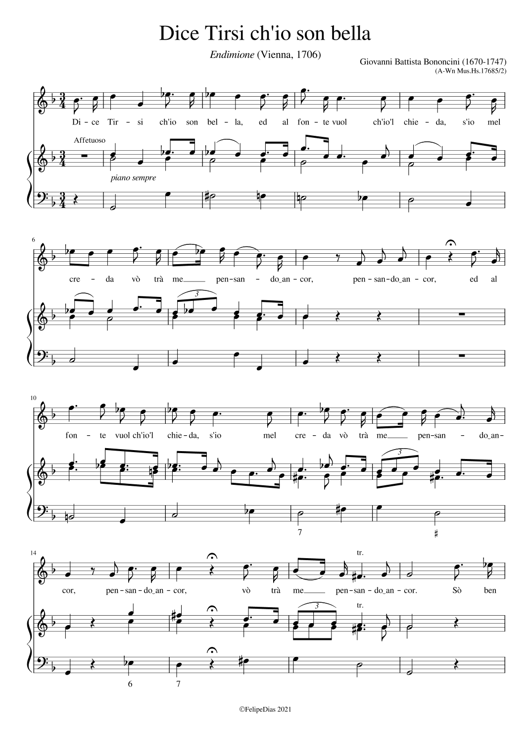 Dice Tirsi ch'io son bella (Vocal score/piano reduction) (arr. Early Music Scores)