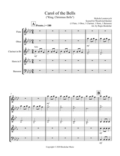 Carol of the Bells (F min) (Woodwind Quintet - 1 Flute, 1 Oboe, 1 Clar, 1 Hrn, 1 Bassoon) (arr. Regis Bookshar)