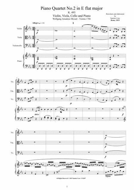 Mozart - Piano Quartet No.2 in E flat K 493 for Violin,Viola, Cello and Piano - Score and Parts (arr. Santino Cara)