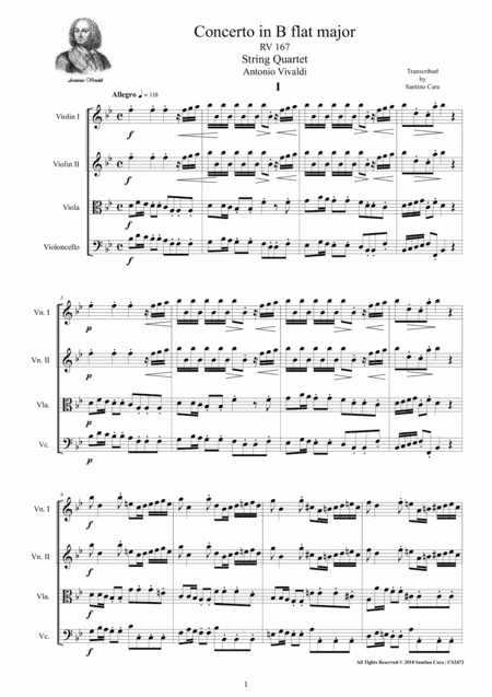 Vivaldi - Concerto in B flat major RV 167 for String Quartet - Score and Parts (arr. Santino Cara)