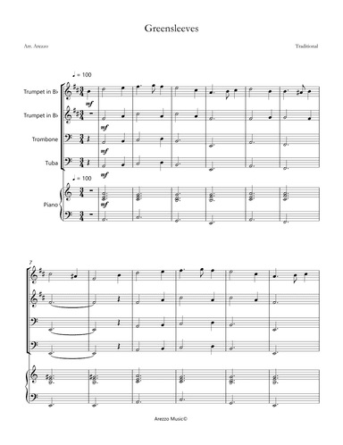 greensleeves brass quartet with piano sheet music (arr. Arezzo Music)