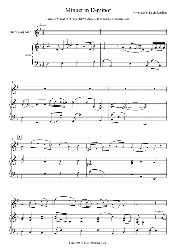 Minuet in D-minor (tenor sax & piano) (arr. David Kocijan)