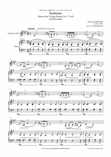 Notturno from Quartet No. 2: Clarinet and Piano. (arr. Anne L Christopherson GRSM ARCM)