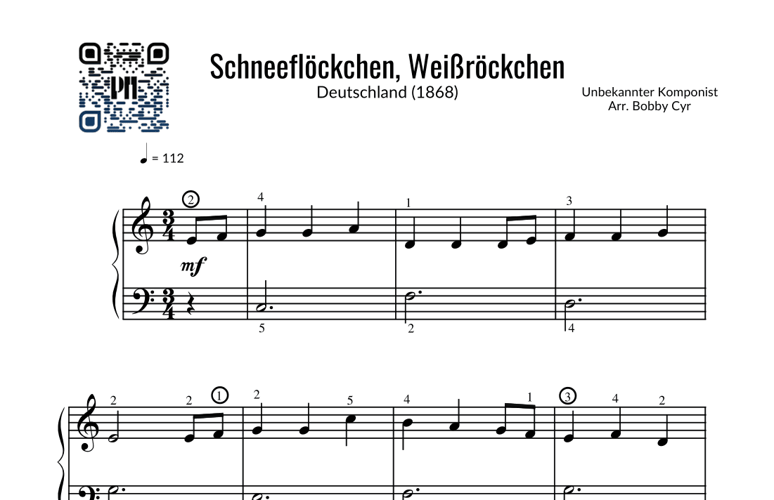 Schneeflöckchen, Weißröckchen - Kinderreime (leichtes Klavier) (arr. Bobby Cyr - Piano Notion)