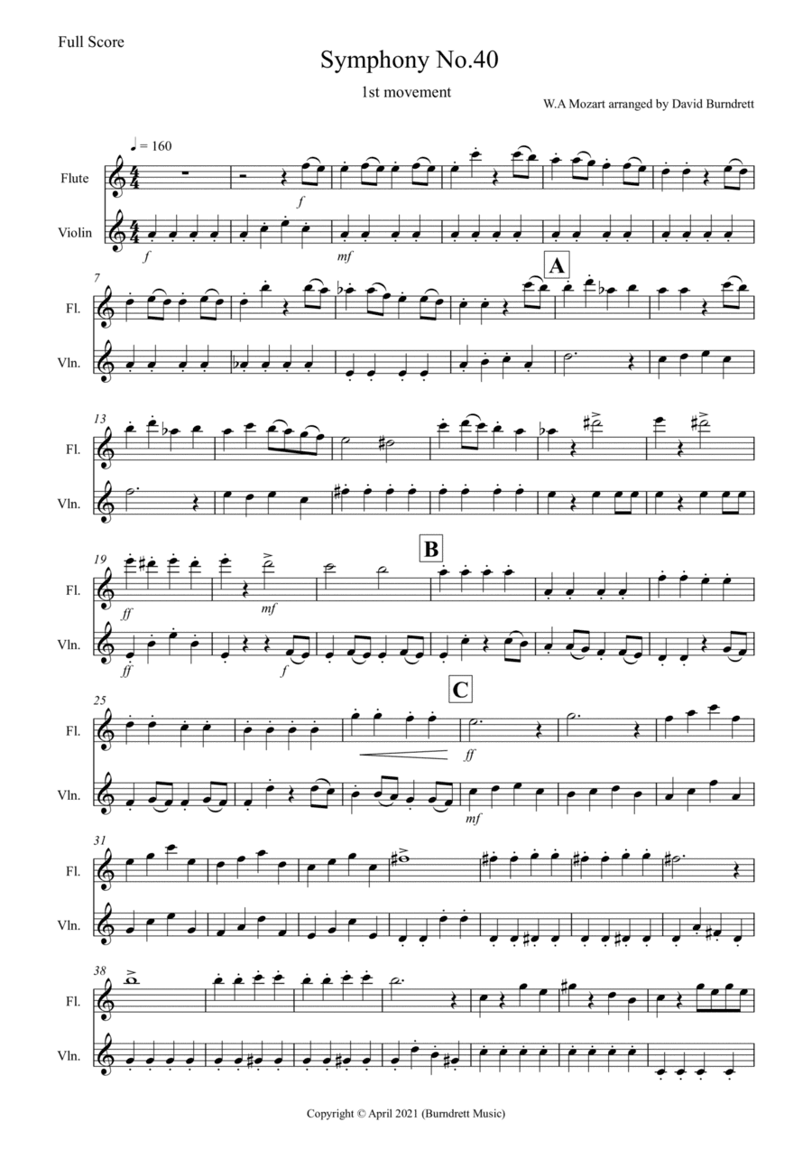 Symphony no.40 (1st movement) for Flute and Violin Duet (arr. David Burndrett)