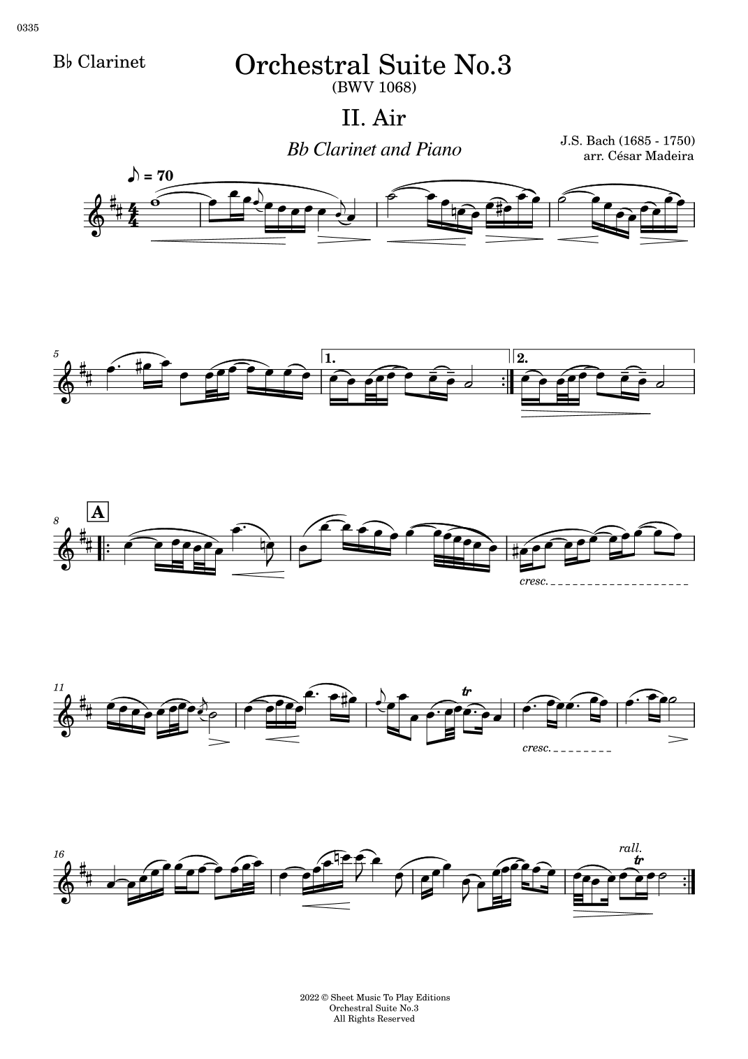 Air on G String - Bb Clarinet and Piano (Individual Parts) (arr. César Madeira)