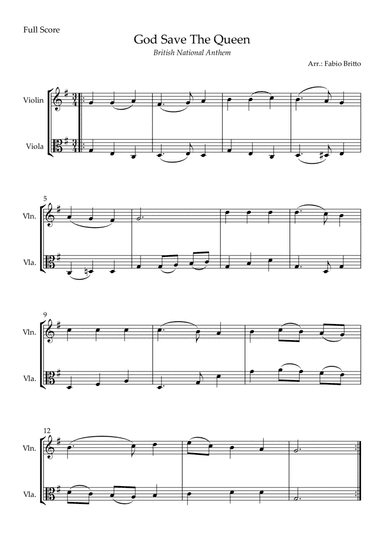 God Save The Queen (British National Anthem) for Violin & Viola Duo (arr. Fabio Britto)