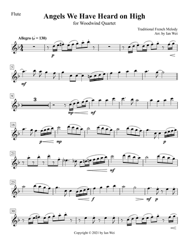 Angels We Have Heard on High for Woodwind Quartet (arr. Ian Wei)