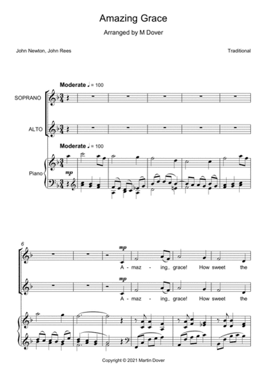 Amazing Grace - Two part choir - SA - Upper voices (arr. Martin Dover)