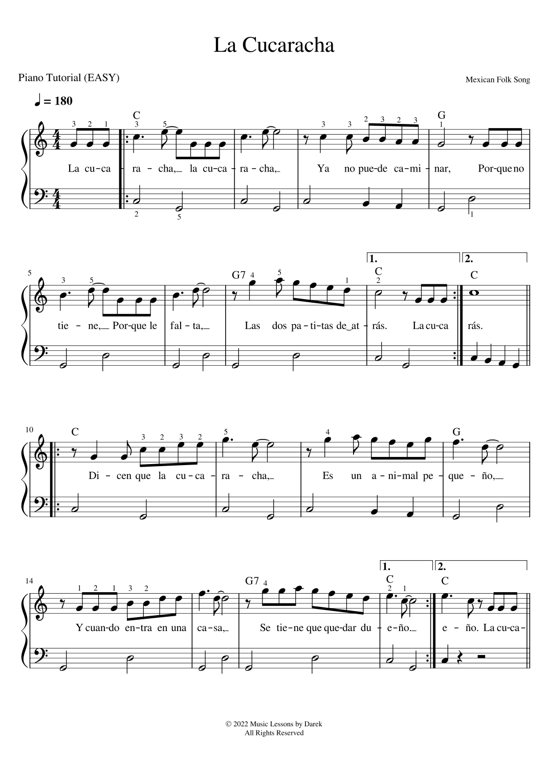 La Cucaracha (EASY PIANO) [Mexican Folk Song] (arr. Darek)