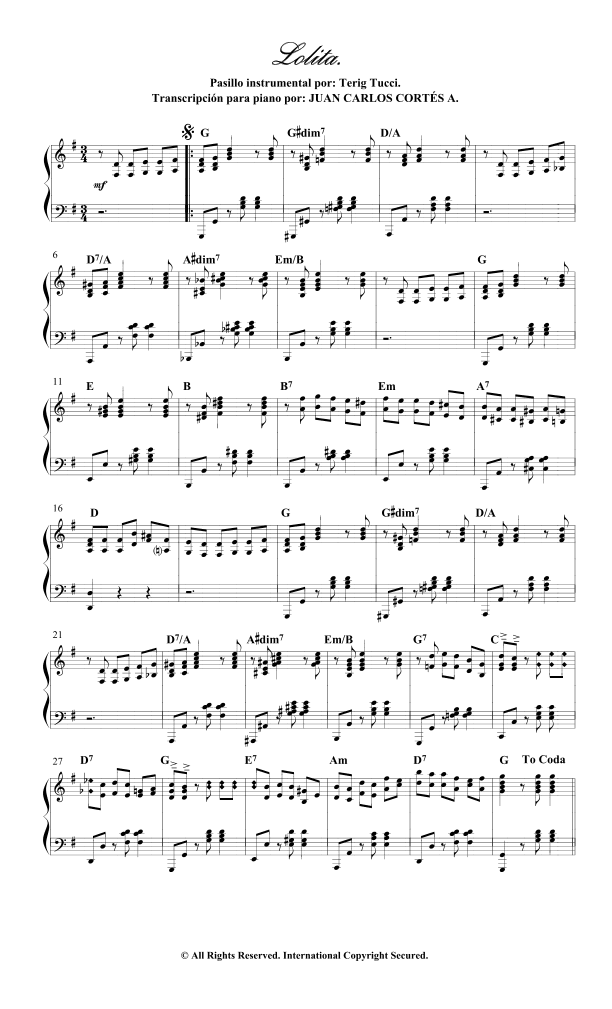 Lolita. Pasillo instrumental por Terig Tucci (arr. Juan Carlos Cortés A.)