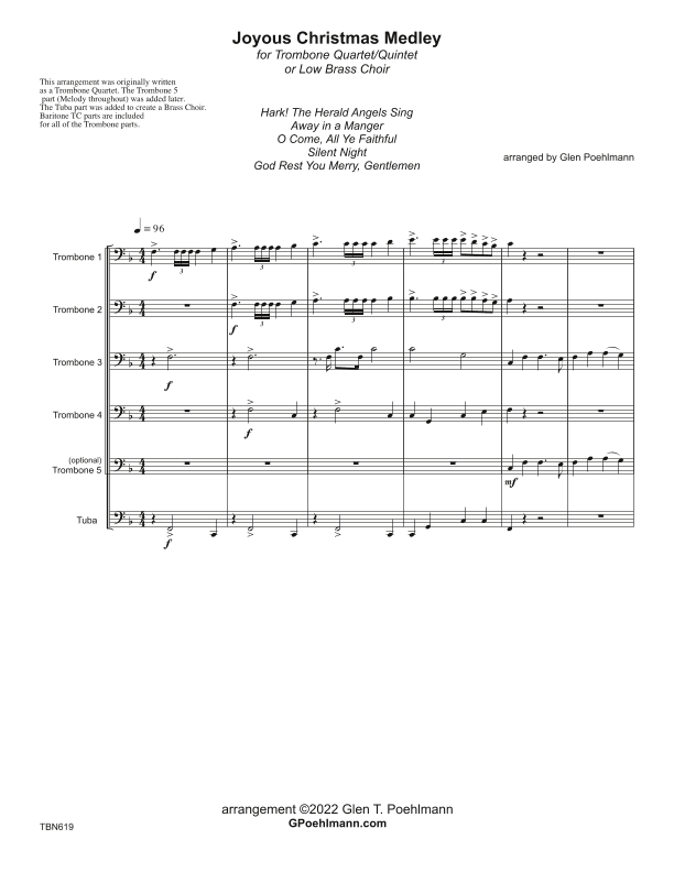 JOYOUS CHRISTMAS MEDLEY - Trombone Quartet/Quintet or Low Brass Ensemble (arr. Glen Poehlmann)